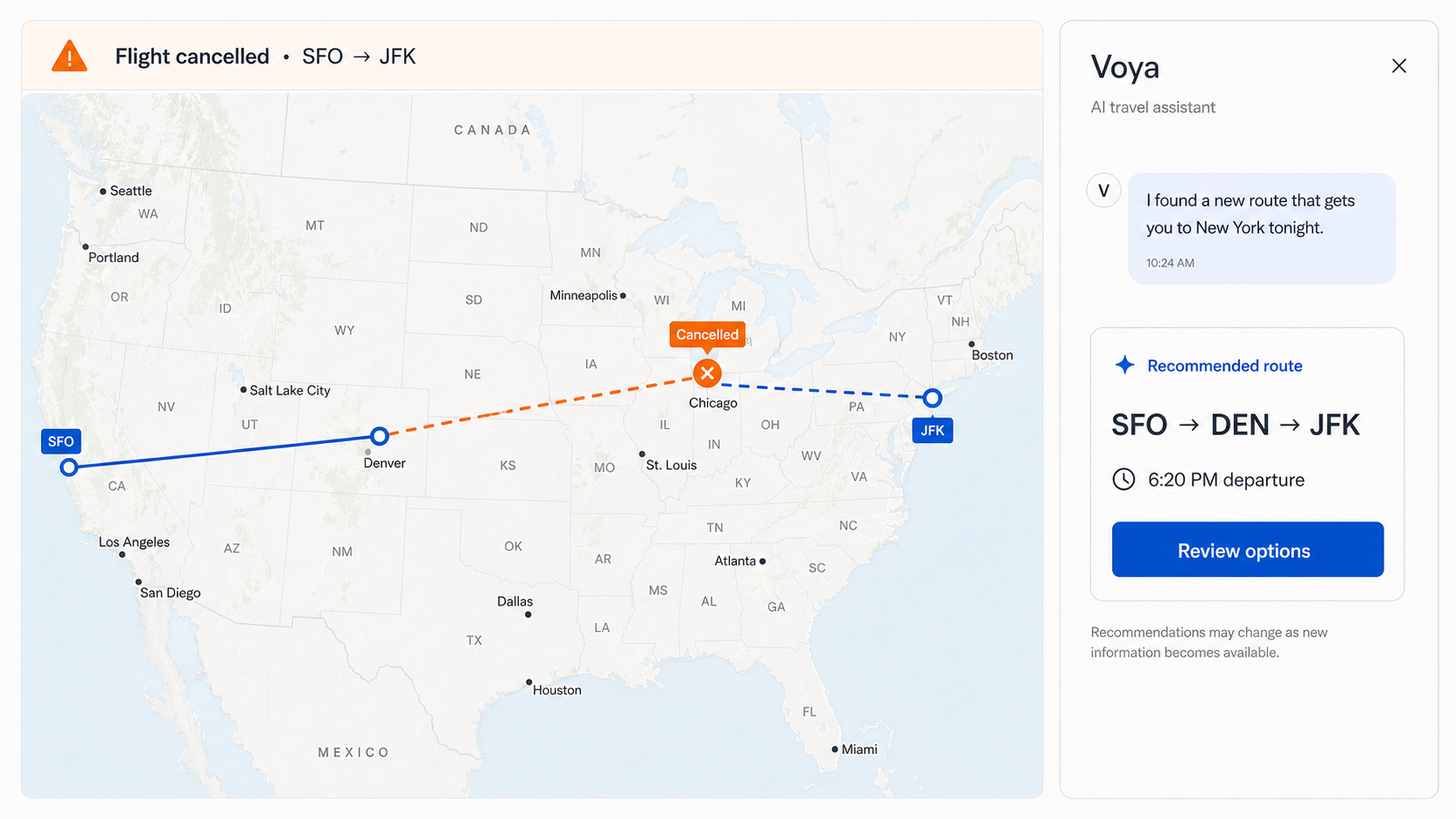 Voyager map showing a cancelled SFO to JFK flight and Voya’s recommended route through Denver.
